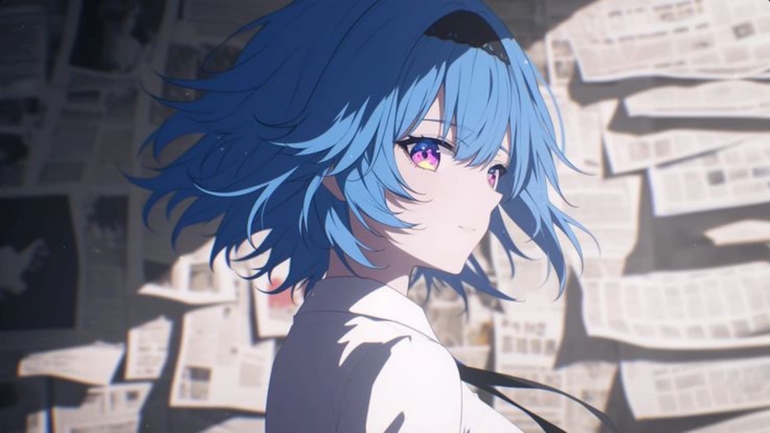Ilustrasi anime berambut biru dengan latar potongan koran